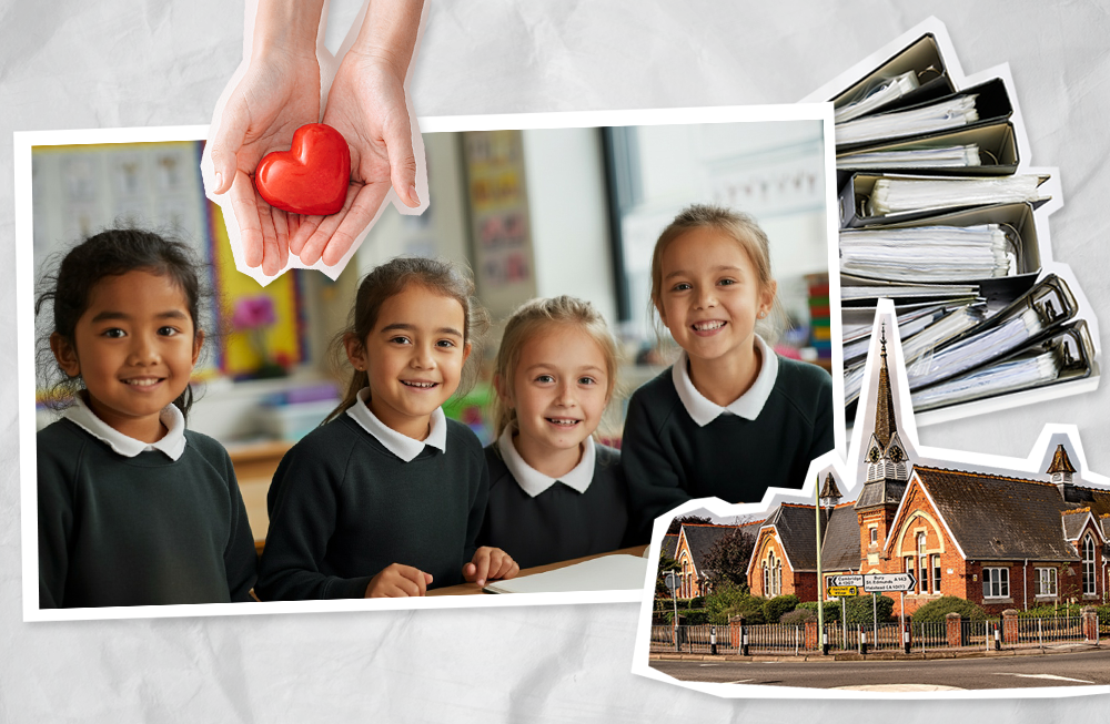 An collage of images representing the term Primary Curriculum. Featured is four children in their uniform in class. Hands holding a heart. A pile of folders and a school building.